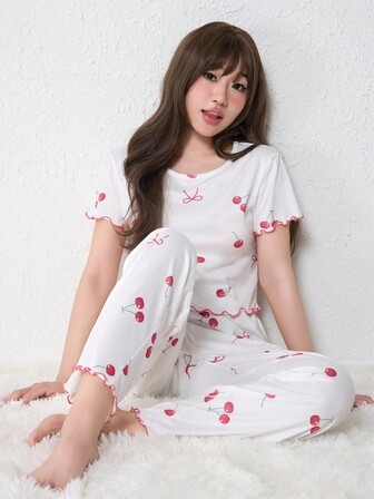 Kawaii Women's Casual Cherry Print Short Sleeve Pajama Set, Summer