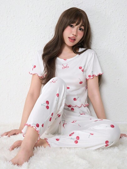 Kawaii Women's Casual Cherry Print Short Sleeve Pajama Set, Summer