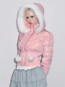 ROMWE Kawaii Áo khoác lông thú giả chắp vá ấm áp mùa đông dành cho nữ, có mũ trùm đầu và đệm - Hồng - Xem 7