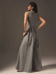 Hauture Extreme Wide Leg Zip Front Sleeveless Jumpsuit - Black and White - View 5
