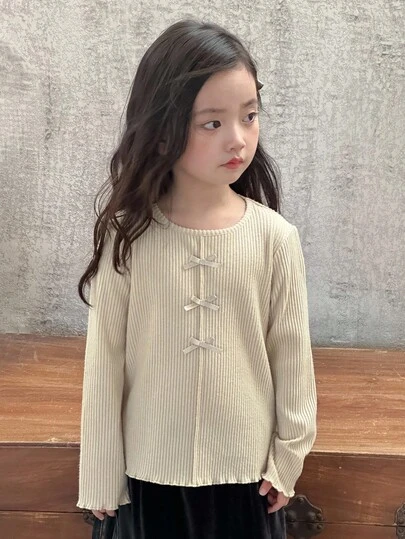 DAZY 女童蝴蝶结装饰圆领时尚T恤，年轻女孩秋季服装