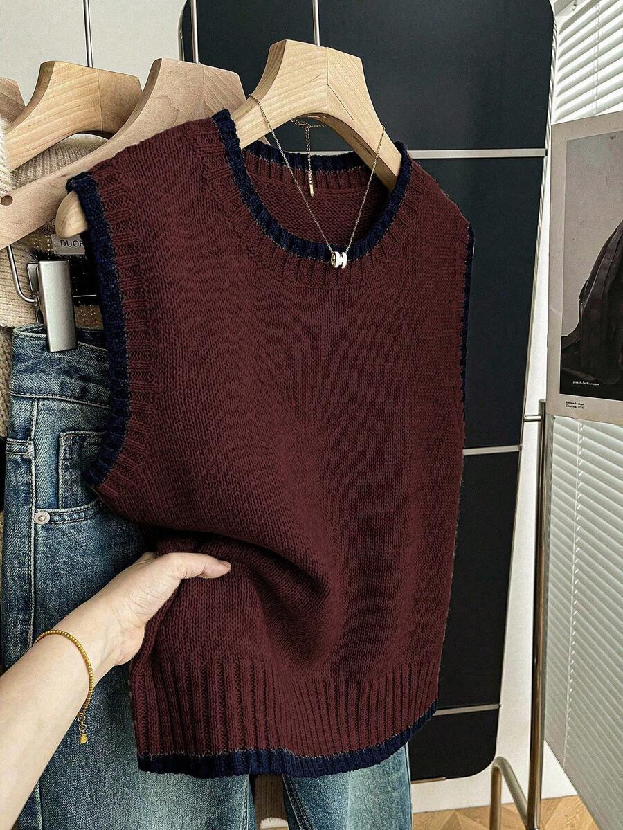 Franclia Lässiges, locker geschnittenes Damen Strickoberteil mit Rundhalsausschnitt, ärmellos, mit Kontrastbesatz, in Khaki, für Frühling/Herbst - Bordeaux - Übersicht 1