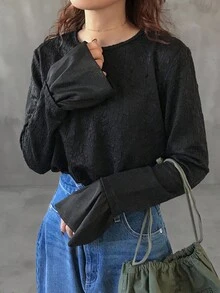 FRIFUL 女士圆领蕾丝拼接宽松喇叭袖透明纯色 T 恤上衣，适合外出，秋季 - 黑色 - 查看 2