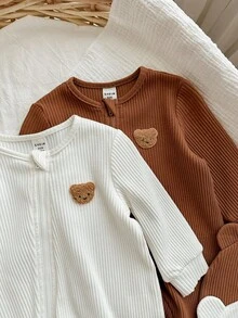 SHEIN Newborn Ribbed Crew Neck Long Sleeve Zipper Casual Jumpsuit Baby Zipper Jumpsuit Ribbed Baby Jumpsuit Newborn Zipper Suit Baby Clothes Unisex Baby Bear Jumpsuit Fall Winter - Multicolor - View 6