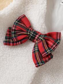 圣诞节 2 件套女婴甜美蝴蝶结毛绒背心 + 格子荷叶边连衣裙（含袜子）套装，时尚服装 - 紅色 - 查看 8