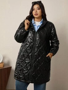 Zelara 大码女式绗缝拉链羽绒服，秋冬季外出 - 黑色 - 查看 7