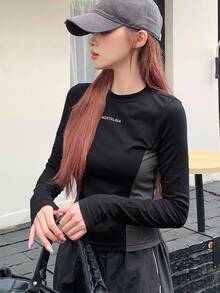 DAZY Áo thun họa tiết chữ Colorblock, quần áo thu dài tay cho nữ - màu đen - Xem 4