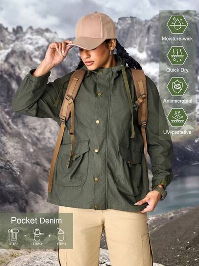 女式长袖拉链前休闲宽松连帽牛仔夹克轻便夏季夹克女式徒步防晒轻便速干女式徒步服装女式徒步裤女式户外裤露营服装女式