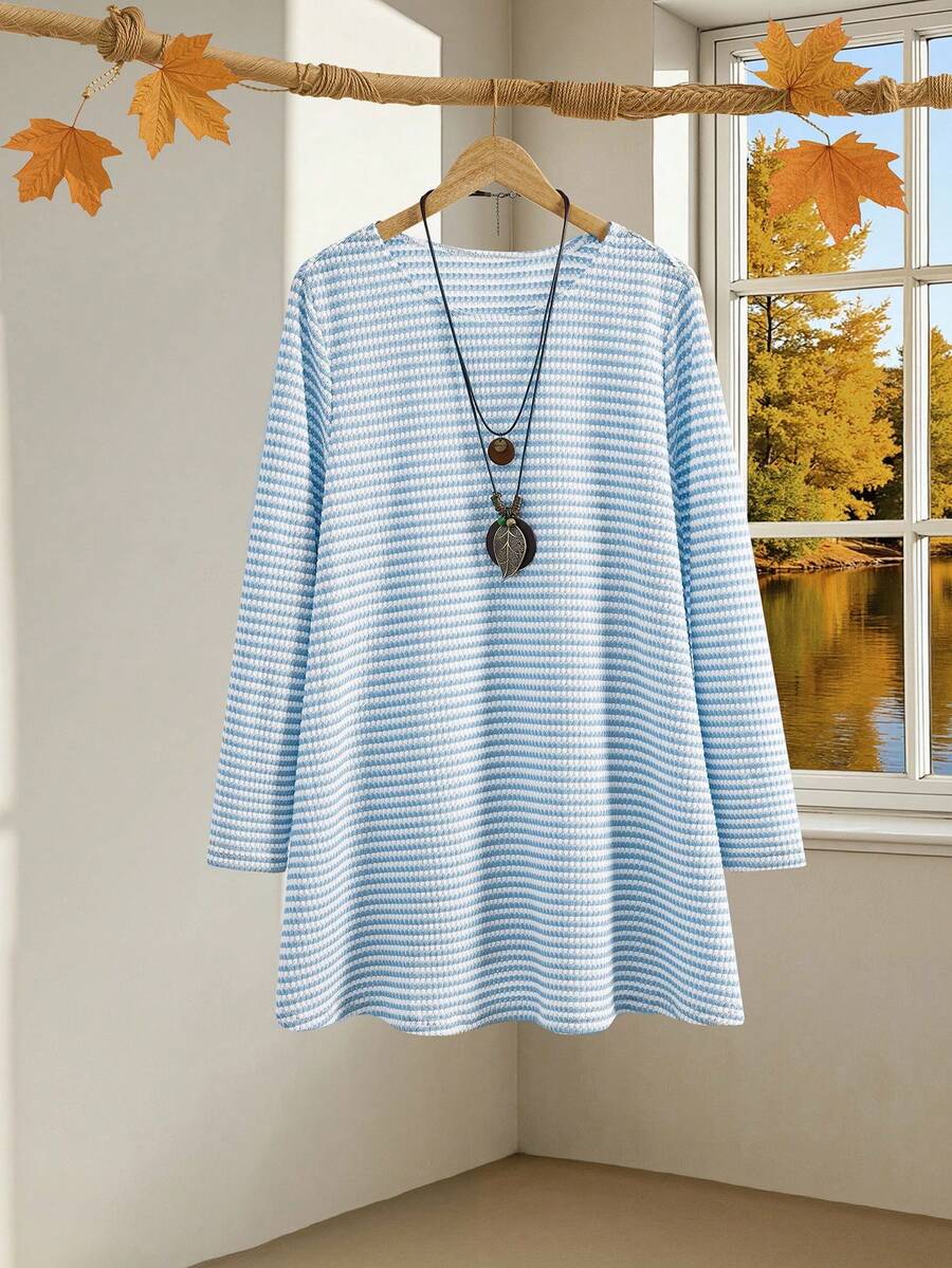 EMERY ROSE 加大码外出上衣女士休闲条纹印花长袖宽松T恤，女士冬季服装 - 淺藍色 - 查看 1