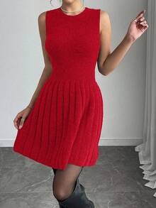 Elenzga Bộ 2 chiếc váy len cardigan màu trơn thanh lịch khi đi làm - Đỏ - Xem 6