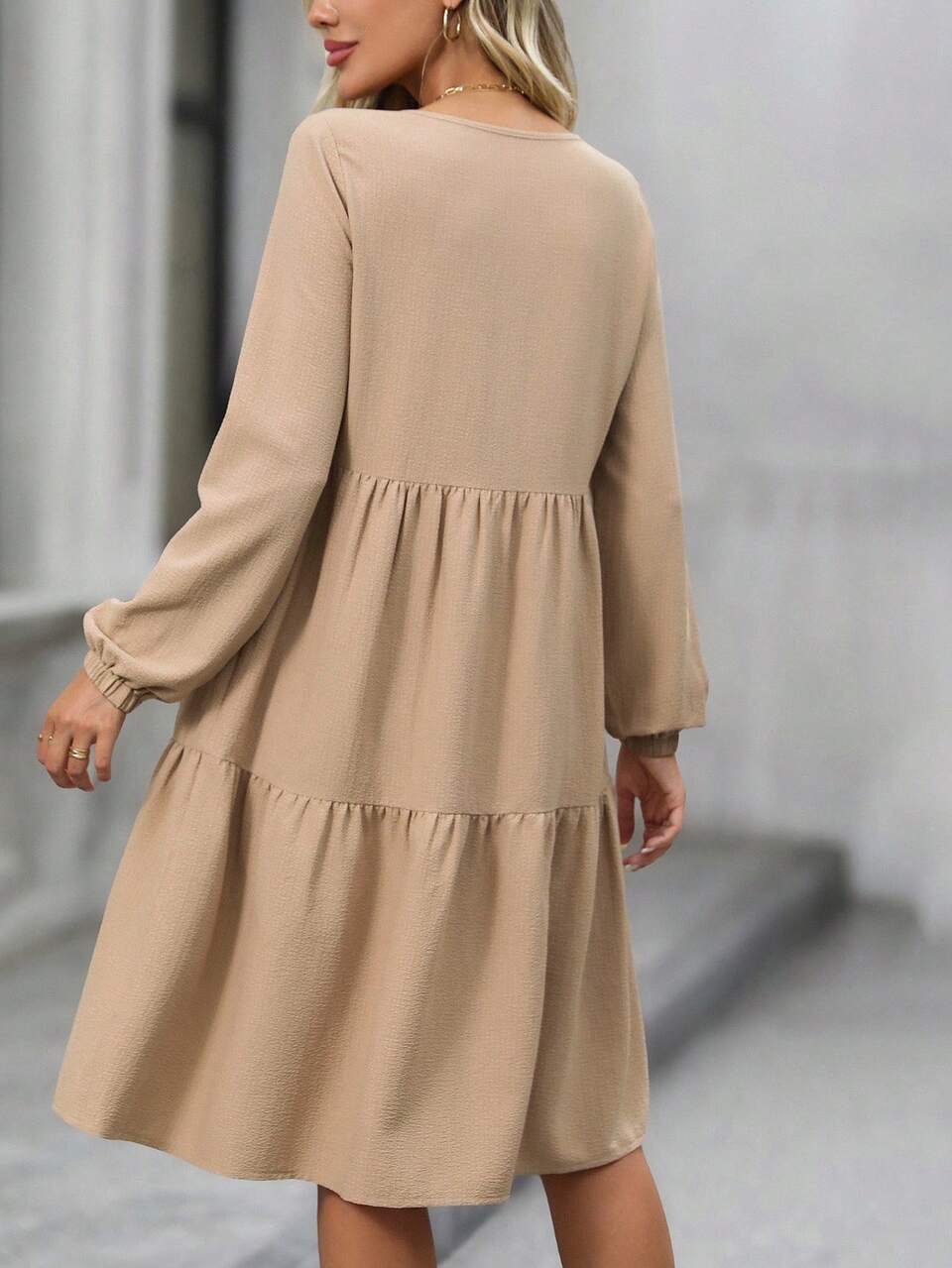 Women's Casual Commuter Solid Color Long Sleeve Midi Dress Vacation Khaki Green Autumn