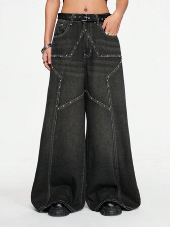 Grunge Punk Jeans holgados de talle bajo con parches de estrellas y remaches, estilo distressed Y2K para mujeres