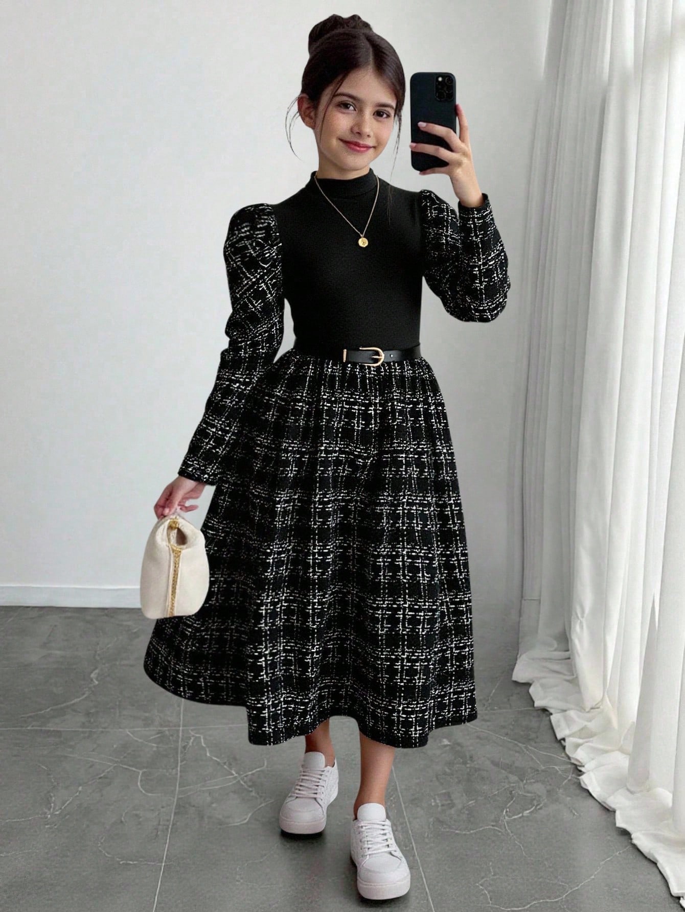 فستان بياقة ماندرين وأكمام جيجوت مجعد للفتيات المر...