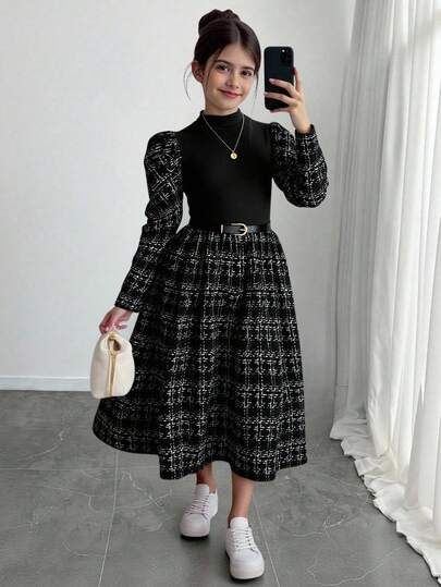 Tween Girls' Casual Urban Elegant Mandarin Collar Gigot Sleeve Ruched Dress, Long Sleeve Party Dress, Leisure Street Dress, Black Fall Winter