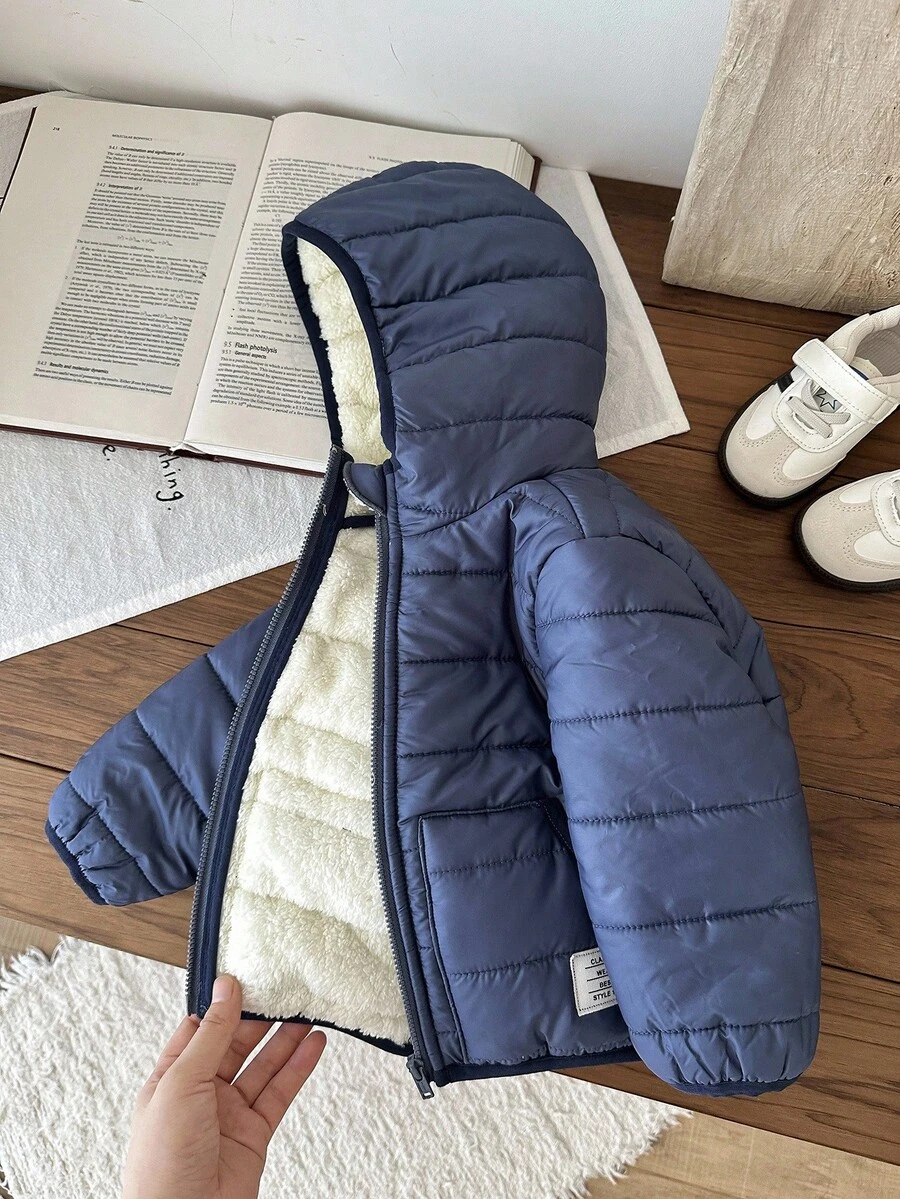 SHEIN 嬰兒男孩/女孩藍色加厚連帽拉鍊外套,冬季絎縫秋季外套,柔軟舒適,適合戶外雪地玩耍 - 藍色 - 查看 1