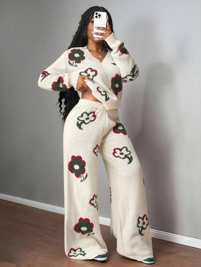 Slaydiva 花卉图案针织毛衣和裤子套装，秋冬休闲