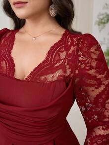 Modelyn Lace Patchwork Long Sleeve Solid Color Waist Cinched Plus Size Dress For Women - Burgundy - View 4