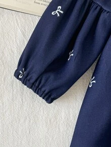 SHEIN 女婴复古优雅蝴蝶结装饰长袖泡泡袖连衣裙 女婴海军蓝连衣裙 秋冬款 - 寶藍色 - 查看 5