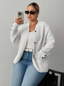 SHEIN PETITE CURVE 大码女式纯色长袖单排扣立领休闲开衫，秋冬 - 白色 - 查看 7