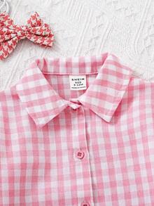 SHEIN LMoss Kids Baby Girls Plaid Button Front Lantern Sleeve Casual Blouse Fall Winter Long Sleeve Button Down Infant Shirt Girl Baby Checkered Shirt Girl Pink Shirt For Baby Toddler Girl Blouses Baby Plaid Shirt