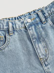 SHEIN 女童粉色爱心刺绣图案蓝色牛仔宽松裤 - 淺色水洗藍 - 查看 4