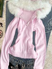 SHEIN Women's Fur Collar Hooded Slim Fit Sweatshirt Jacket - Pink - View 4
