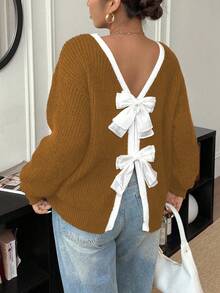 Elenzga Plus Size Women Casual Bowknot Crew Neck Long Sleeve Sweater, Autumn/Winter - Mustard Yellow - View 1