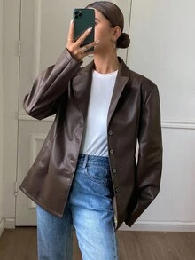 Livesso 女士宽松翻领常规款夹克，秋季女士皮夹克外套 - 棕色 - 查看 4