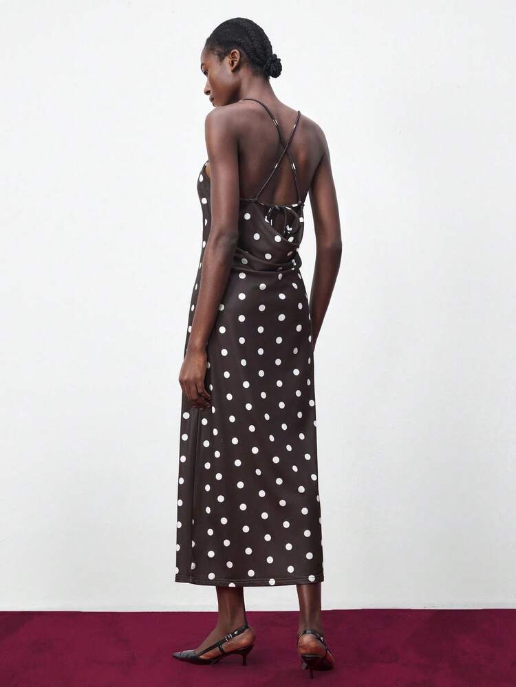 SHEIN Maija Women's Polka Dot Print Backless Dress, Summer Christmas Women's Clothing  New Year Outfit Party Dress  Beach Outfits For Women  Brown Dress Elegant Dresses For Party Brown Dress