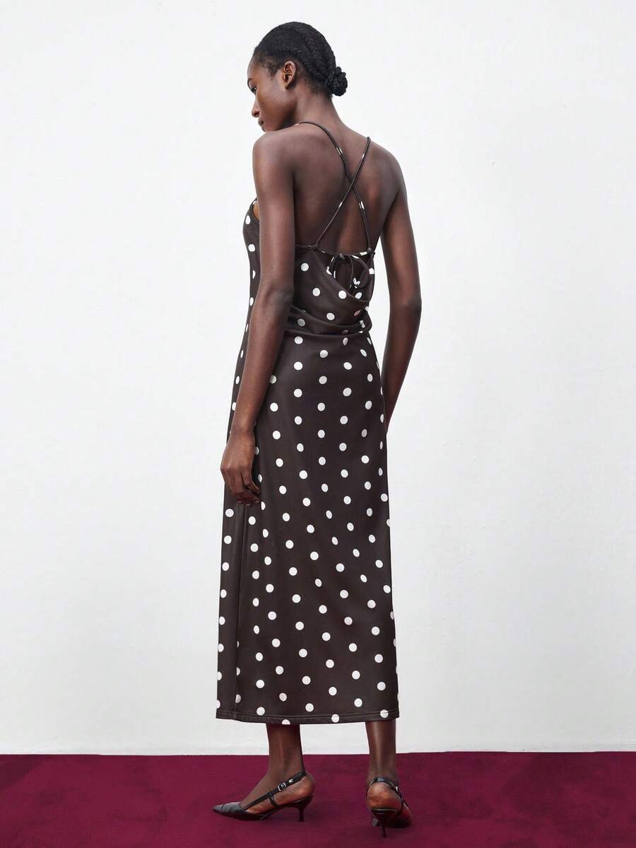 Maija Women's Polka Dot Print Backless Dress, Summer Christmas Women's Clothing  New Year Outfit Party Dress  Beach Outfits For Women  Brown Dress Elegant Dresses For Party Brown Dress - Black - View 1