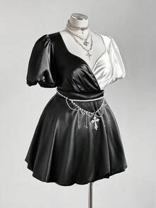 Sunspun 万圣节撞色简约甜美泡泡袖短腰束腰连衣裙 - 黑與白 - 查看 8