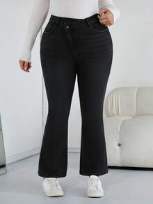 SHEIN CURVE+ Women Plus Black Autumn And Winter High Elastic Thermal Lined Asymmetrical Waist Flared Jeans,Smart Casual Everyday Chic Halloween Costumes Style - Black - View 3