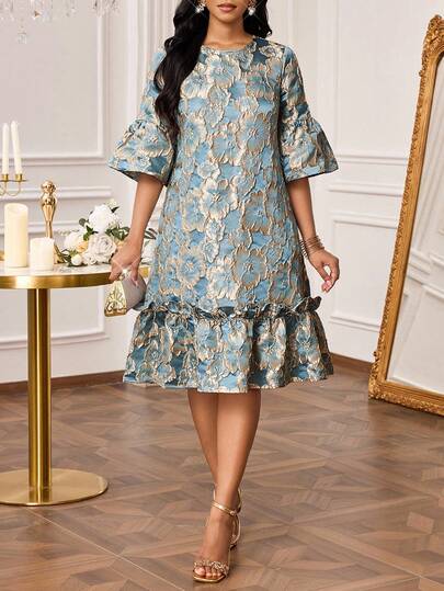 SHEIN Lady Women's Elegant Party Jacquard Ruffle Hem Mid-Length Dress