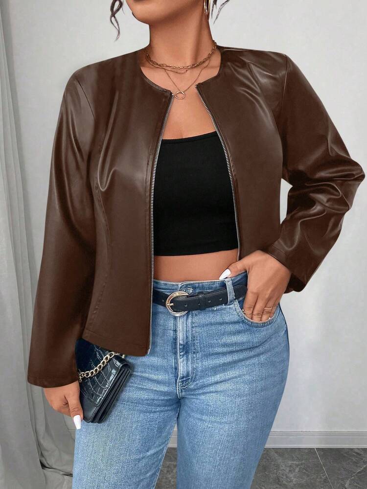 SHEIN PETITE CURVE 大码女式经典百搭 PU 皮夹克，小号系列 - 咖啡棕 - 查看 5