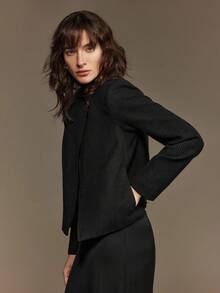 Ontre 2025 New Modern Urban Style Oblique Placket Jacket, Thick Tweed Fabric For Winter, Small Round Collar, Long Sleeve, Loose Shoulder Silhouette, Side Seam Pockets, Women's Business Casual Blazer, Suitable For Business, Commute, And Daily Wear, Autumn