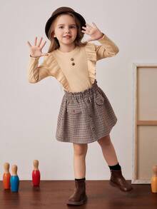 PrepCrw Conjunto de camiseta con cuello de volantes y falda a cuadros, estilo escolar para niñas jóvenes - Multicolor - Ver 7