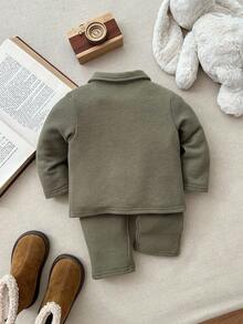 Blossori 男宝宝法式优雅翻领前扣长袖衬衫/裤子套装 - 綠色 - 查看 2