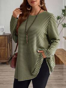 EMERY ROSE Plus Size Going Out TopsWomen Casual Striped Print Long Sleeve Loose T-Shirt, Winter Clothes For Women Long T Shirt For Women - Army Green - View 3