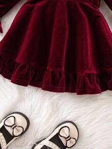 Elegant Burgundy Velvet Long Sleeve Dress, Babygirl - Burgundy - View 5