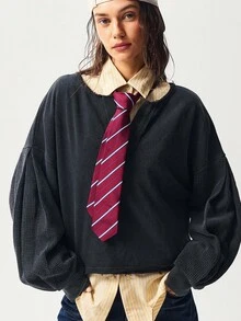 Bohemela 波西米亚风秋冬女式休闲纯色V领长袖宽松水洗黑色卫衣，西部乡村风格，适合度假、日常穿着及返校季。 - 黑色 - 查看 4