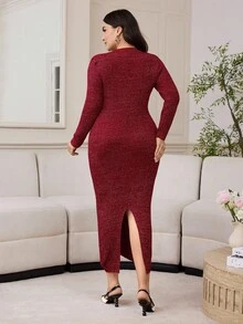Modelyn Vestido de punto elegante y entallado de talla grande para ir al trabajo, ropa de otoño e invierno para mujeres - Burdeos - Ver 2