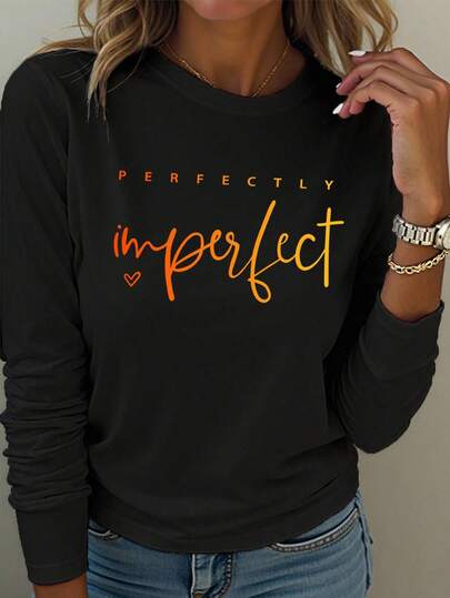 EMERY ROSE Blusa de manga larga con estampado de lema "PERFECTAMENTE Imperfecta" para mujer de talla grande