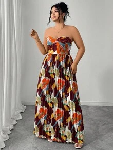 Elenzga 大码女式优雅浪漫数码印花露肩A字连衣裙，夏季度假风 - 酒紅色 - 查看 5