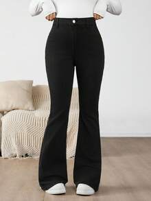 SHEIN 孕妇装 秋季 秋季 冬季 万圣节 圣诞节 新年 2000 年代 旅行、通勤、派对、度假、老钱风格、宴会、优雅、约会 商务休闲女装 乡村复古朴素老钱商务休闲女装 工作服 女士教师服装 教堂服装 女士高腰喇叭裤休闲百搭黑色牛仔裤 女士高腰喇叭裤黑色牛仔裤，纽扣开合，打造时尚造型 - 黑色 - 查看 4