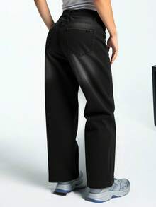 EURMUSE 低腰宽松直筒牛仔裤 - 黑色 - 查看 2