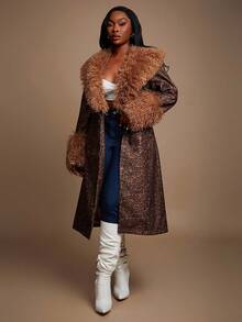 SHEIN SXY Plus Size Women's Brown Autumn Elegant Night Out Club Faux Fur Furry Collar And Cuffs Long Coat With Free Belt,Gorgeous Glamorous Slim Fit Y2K - Multicolor - View 4