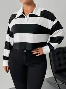SHEIN PETITE CURVE 大码半扣拼色落肩春季短款 T 恤 - 黑與白 - 查看 8