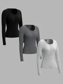 EMERY ROSE 3pcs/Set Kaos Rajut Lengan Panjang Kerah Bulat Kancing Depan Ukuran Besar untuk Wanita, Cocok untuk Musim Gugur/Musim Dingin - MultiWarna - View 3