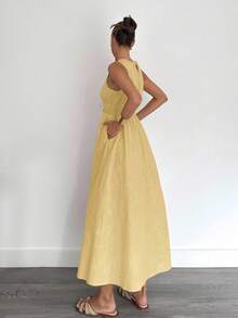 Siren Gaze Woman's Sleeveless A-Line Long Linen Dress, Spring/Summer New Year Casual - Yellow - View 5