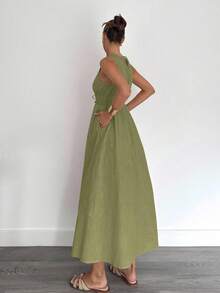 Siren Gaze 女式春夏棉麻无袖 A 字连衣裙 - 綠色 - 查看 5